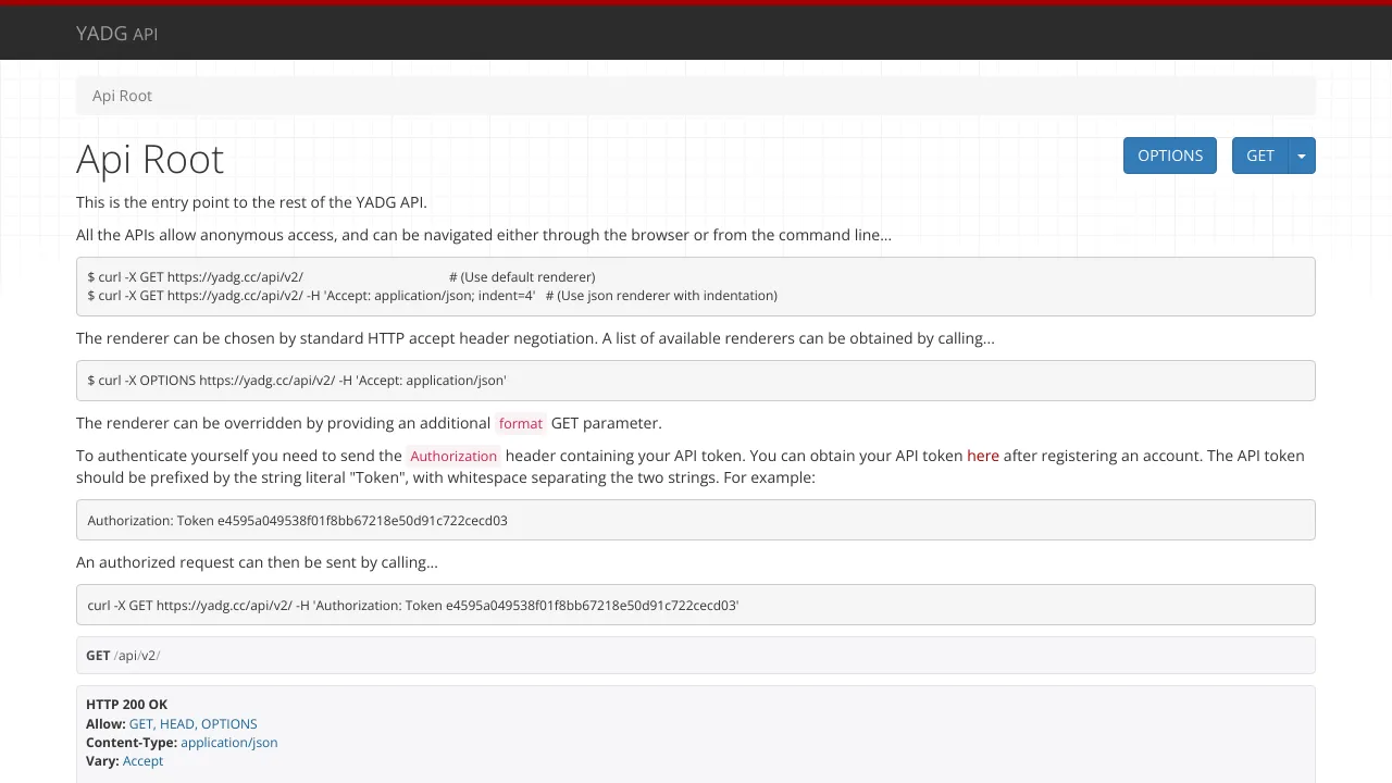 Screenshot of YADG website