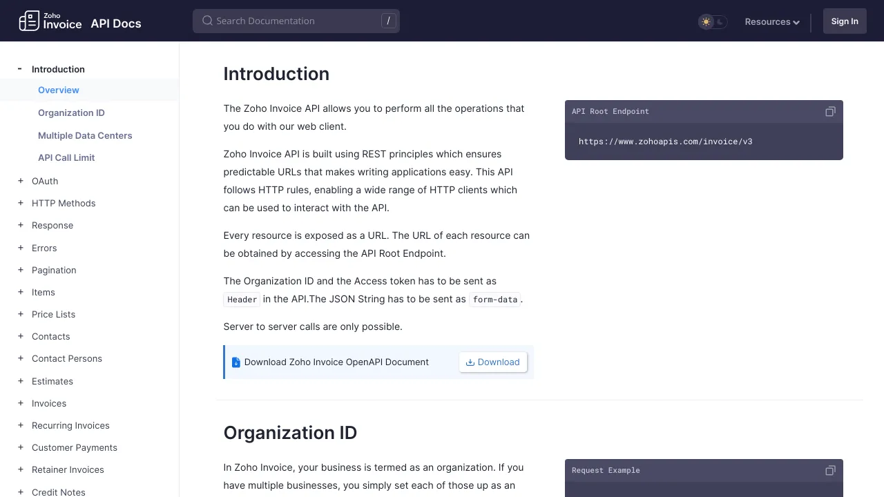 Screenshot of Zoho Invoice website